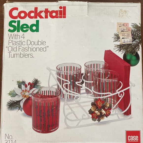 Vintage 1980s cocktail sled set of 4 striped tumblers in metal Christmas sleigh - Picture 4 of 5
